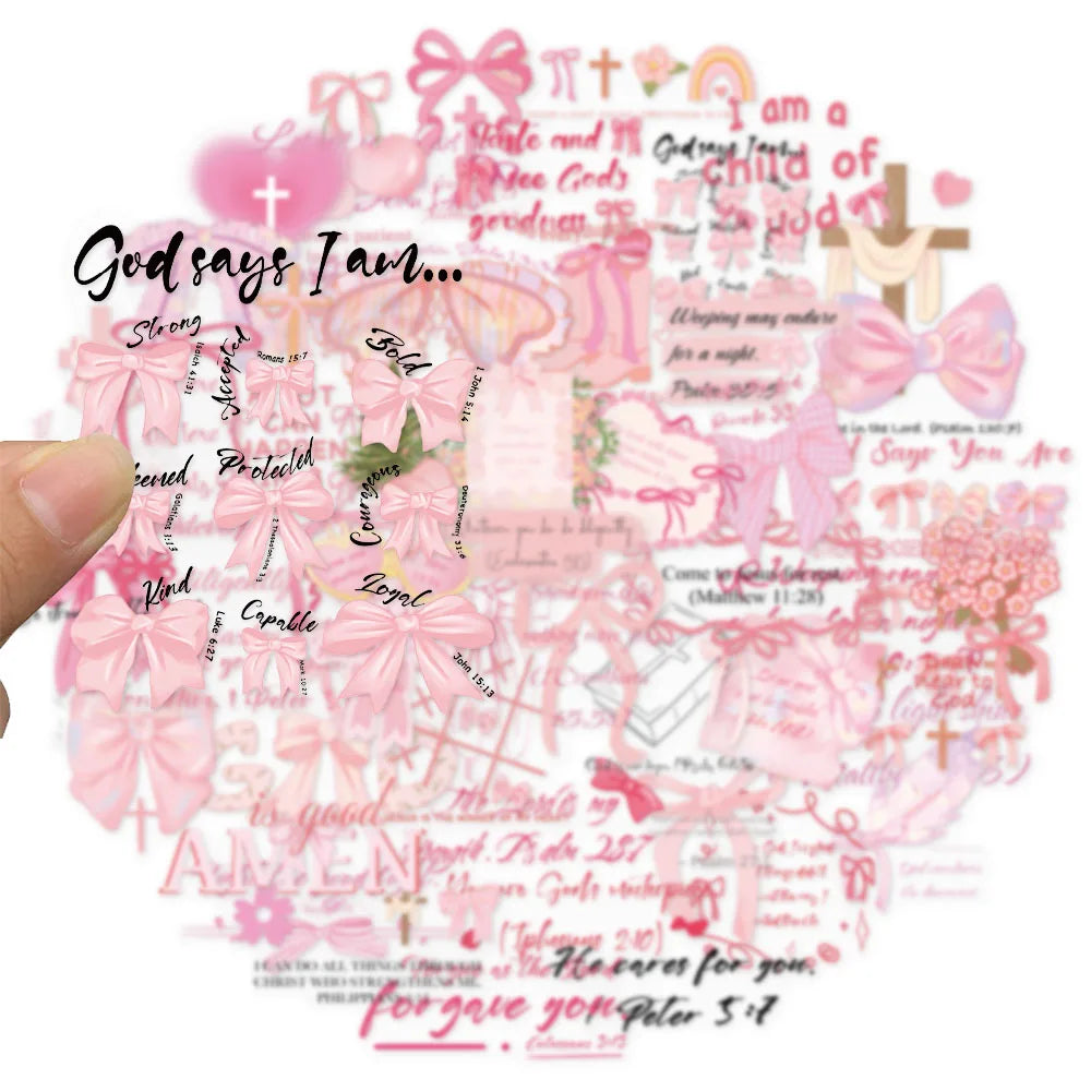 50PCS Pink Bow English Inspirational Series PET Stickers DIY Phone Case Laptop Tablet Toy Stickers