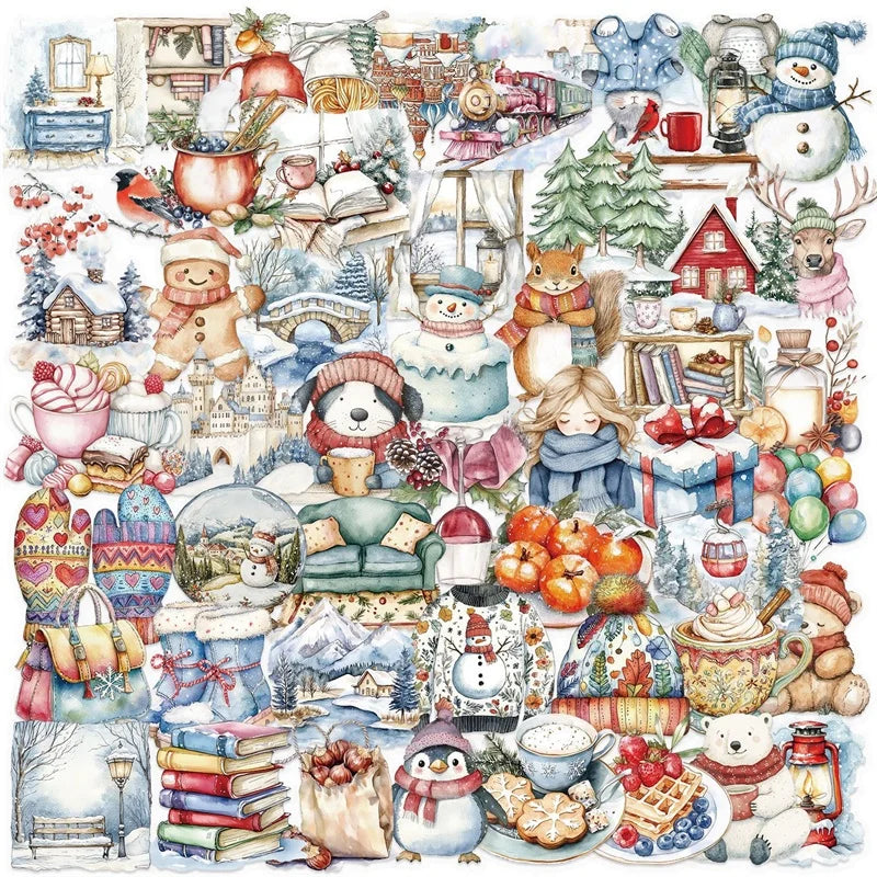 50PCS Kawaii Winter Animal PET Sticky Sticker Aesthetic Tear Open Children's Decoration Scrapbooking Stationery Supplies