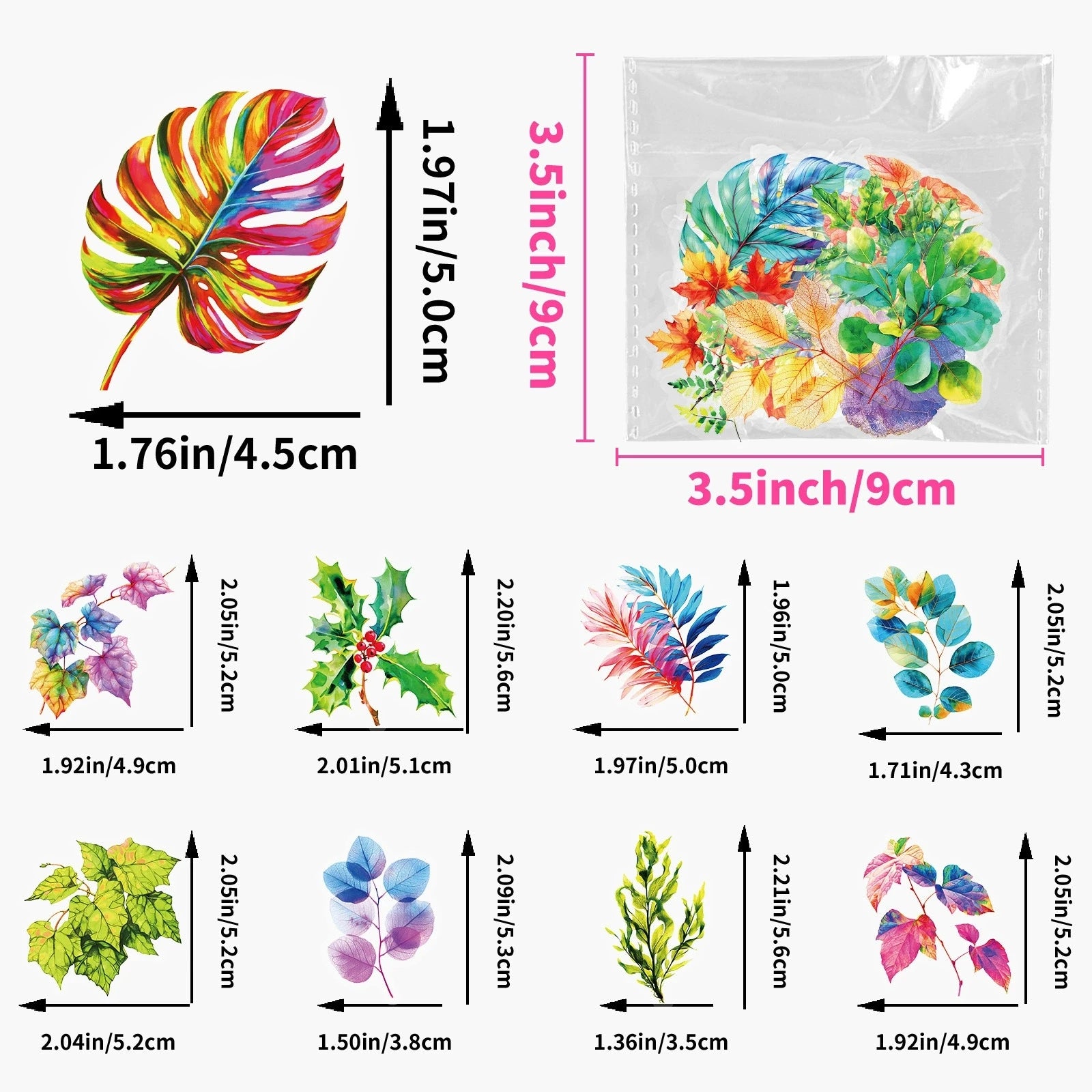 50PCS Colorful Leaf PET Stickers Plant Leaf DIY Hand Tent Material Decorative Stickers Children's Stationery Stickers