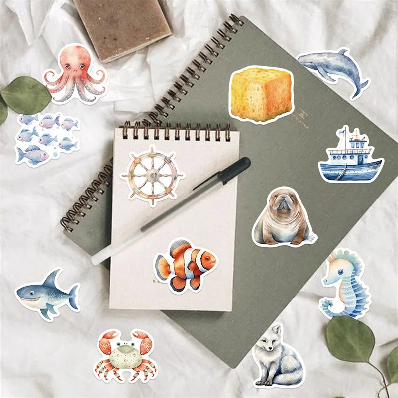 10/30/50PCS Fresh Sea Animal PVC Sticky Sticker Aesthetic DIY Korean Stationery Decoration Scrapbooking School Supplies for Kids