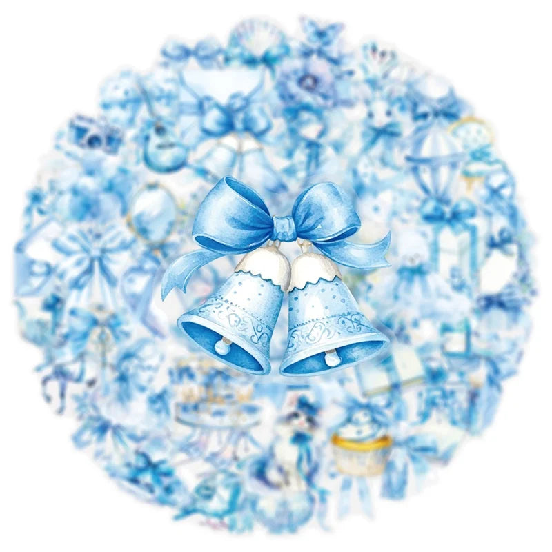 50PCS Kawaii Blue Bow PET Sticky Sticker Aesthetic Tear Open Korean Decoration Scrapbooking Stationery Supplies for Kids