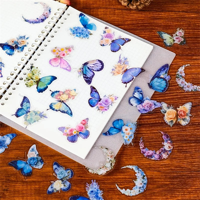 56PCS Cartoon Blue Butterfly PET Sticky Sticker Aesthetic Tear Open DIY Decoration Scrapbooking Sketchbook Supplies for Kids