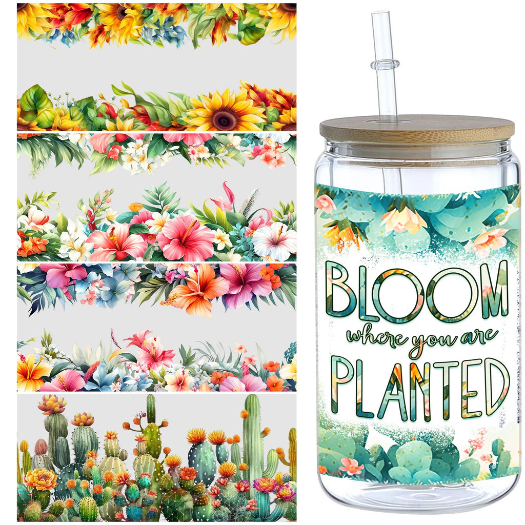 5 Sheets Plant UV DTF Cup Stickers, DTF Friction Transfer Stickers, Waterproof Flower Transfer Stickers for 16oz Glass Cups