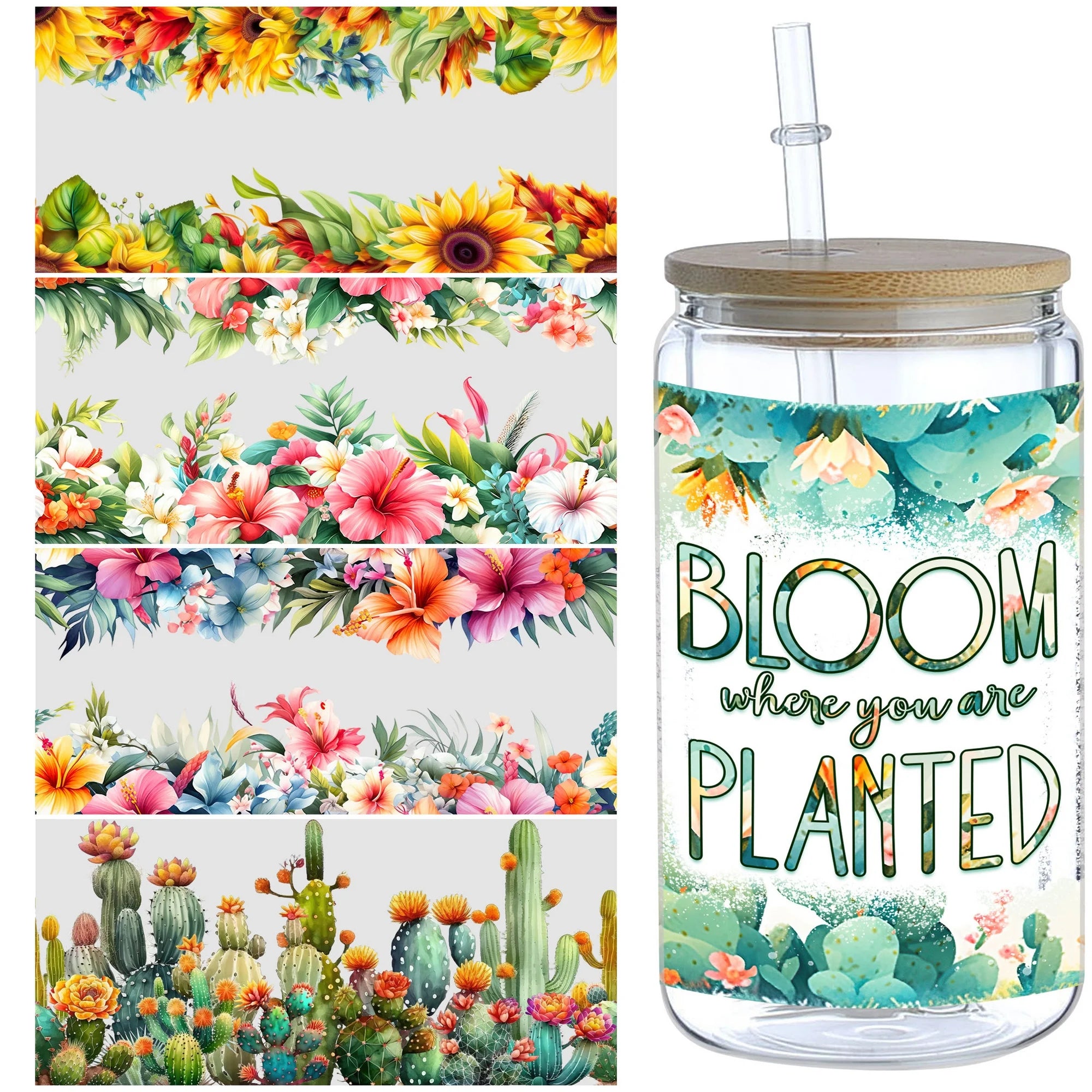 5 Sheets Plant UV DTF Cup Stickers, DTF Friction Transfer Stickers, Waterproof Flower Transfer Stickers for 16oz Glass Cups