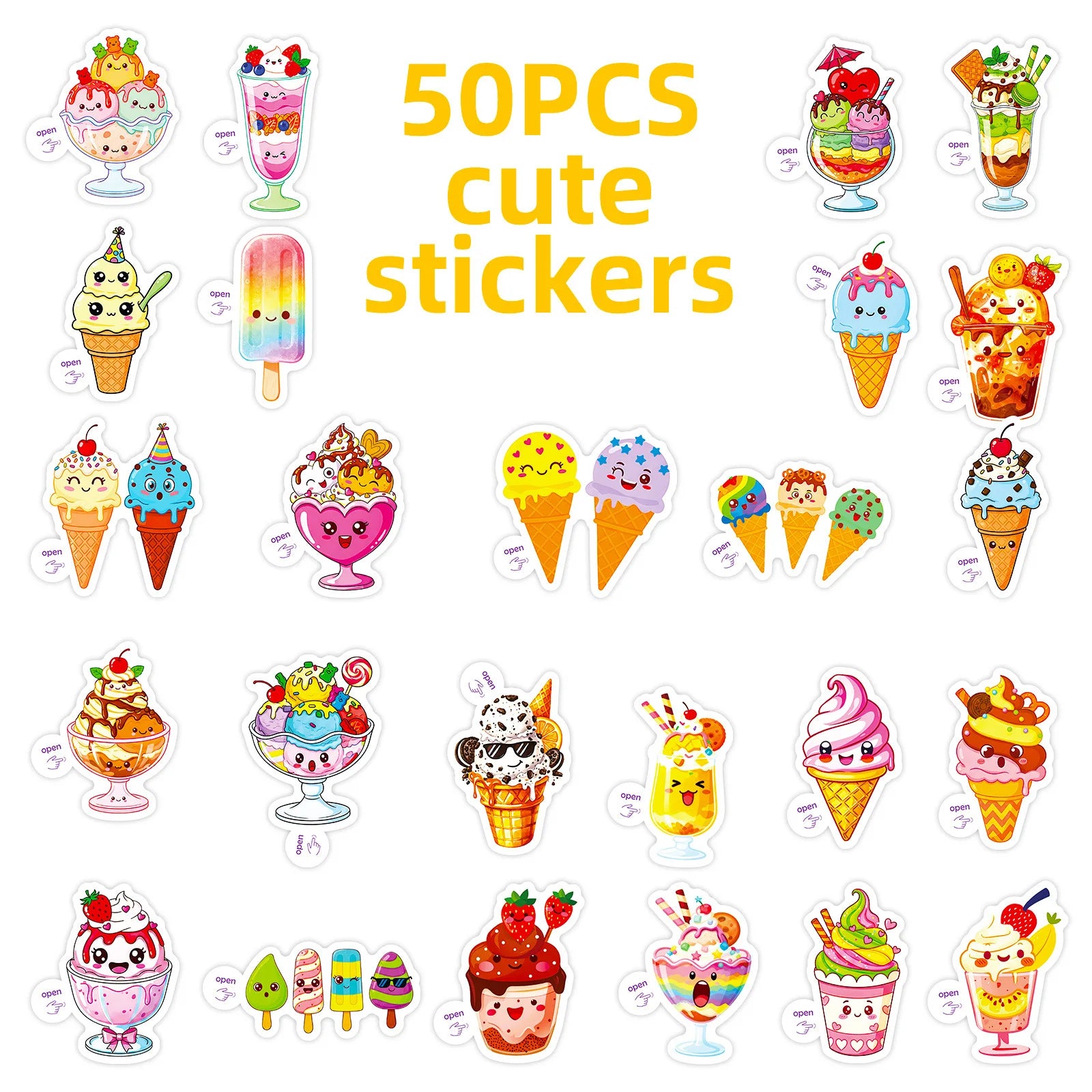 50PCS Cartoon Ice Cream Cute Doodle Stickers Easy Peel Kids DIY Fun Craft Student Notebook Tablet Decorative Sticker