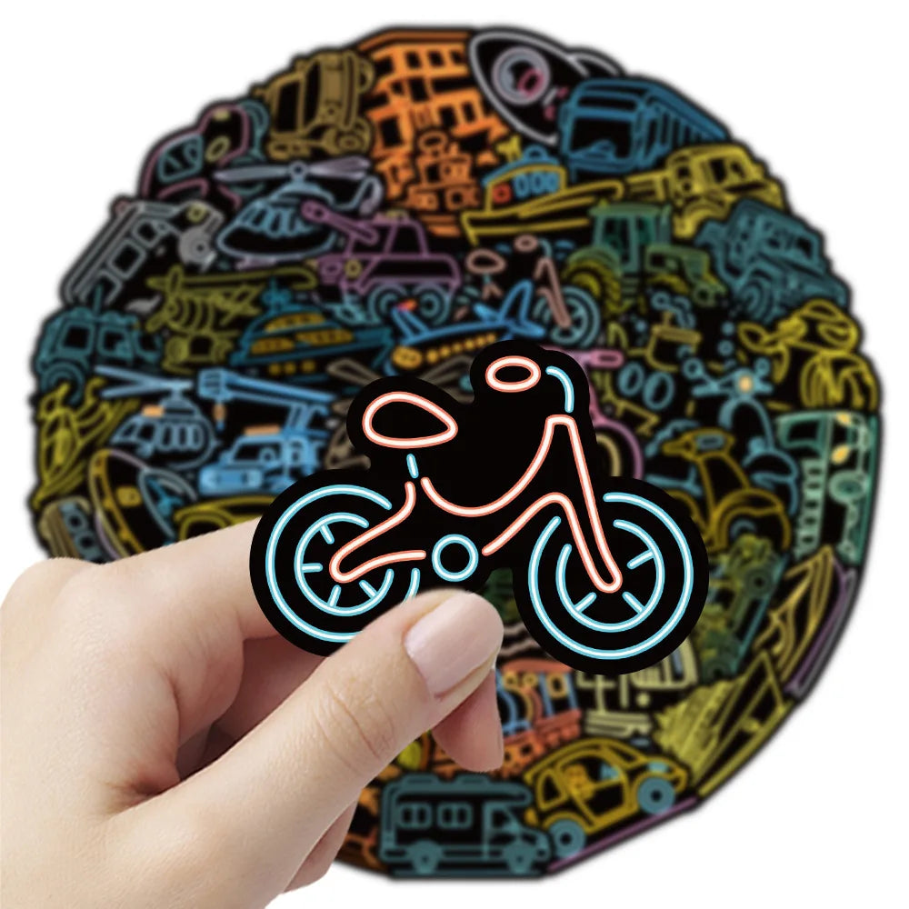 50/100 Pcs Neon Vehicle Cartoon Car Airplane Series Stickers for Helmet Skateboard Cup Laptop Phone Stationery Box Decals