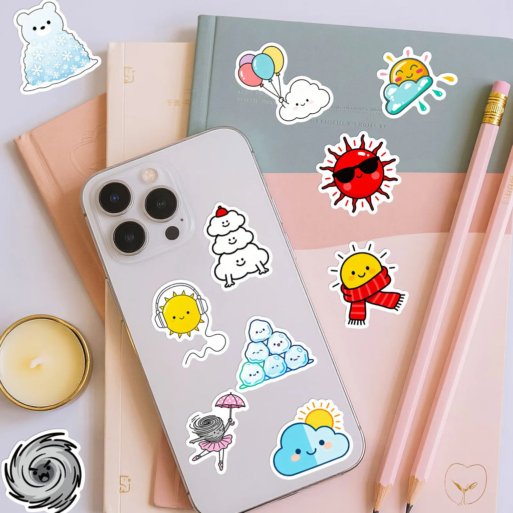 56/112 Pcs Weather Cartoon PET Transparent Fun Stickers for Stationery Box Suitcase Fridge Drawer Cup Phone Laptop