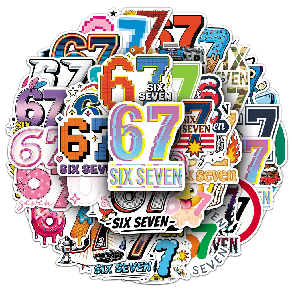 50PCS Cartoon Number 67 Stickers, Funny Meme Six Seven Student Stationery Notebook Waterproof Decorative Stickers