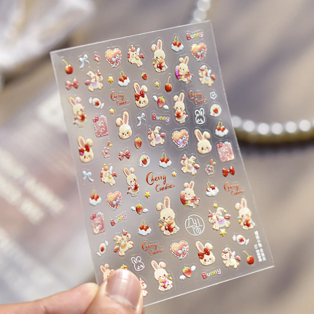 strawberry Cherry Bunny Nail Stickers Shell Light Dreaming Unicorn Nails Art Accessories Stickers Self Adhesive Nail Decals DIY