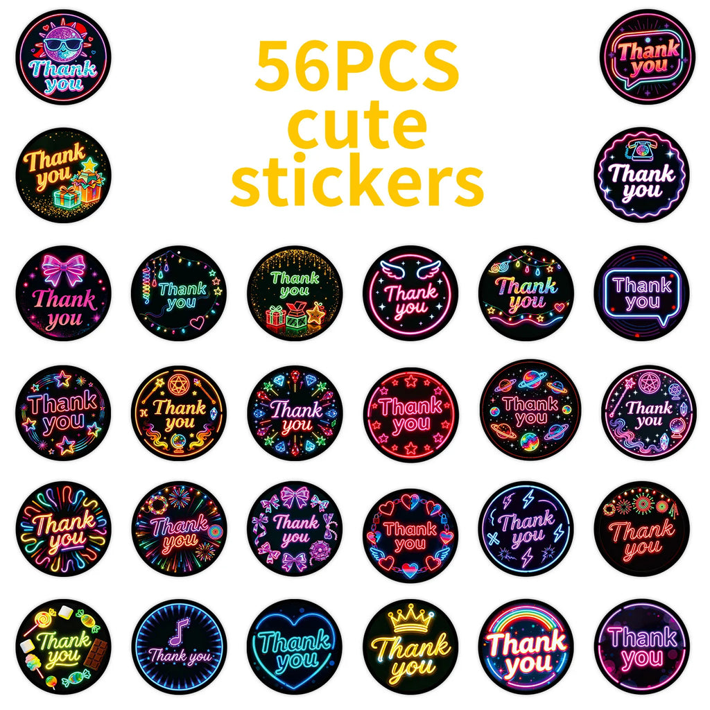 50/100PCS Colorful Neon Thank You Stickers English Decorative Stickers Waterproof Laptop Stationery Reward Stickers