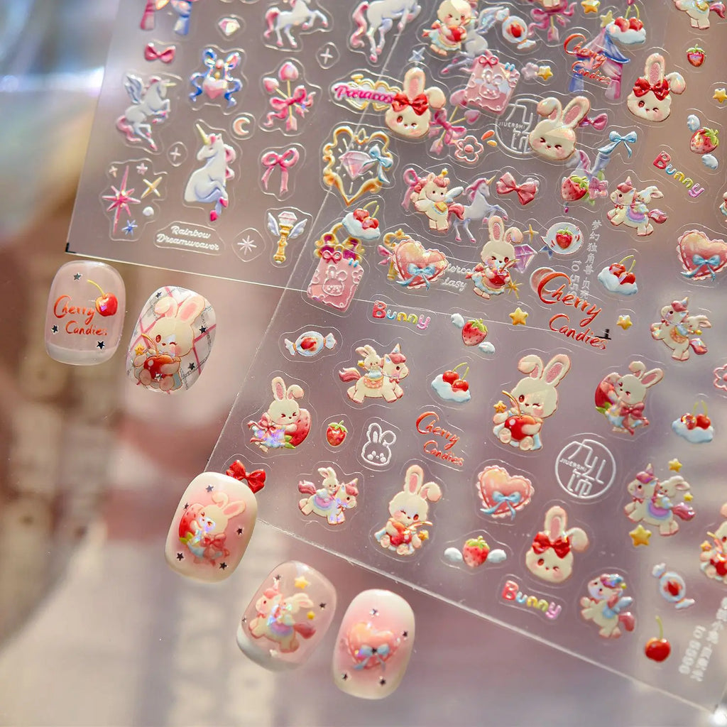 strawberry Cherry Bunny Nail Stickers Shell Light Dreaming Unicorn Nails Art Accessories Stickers Self Adhesive Nail Decals DIY