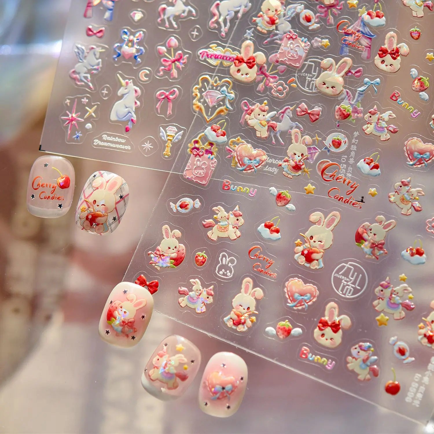 strawberry Cherry Bunny Nail Stickers Shell Light Dreaming Unicorn Nails Art Accessories Stickers Self Adhesive Nail Decals DIY