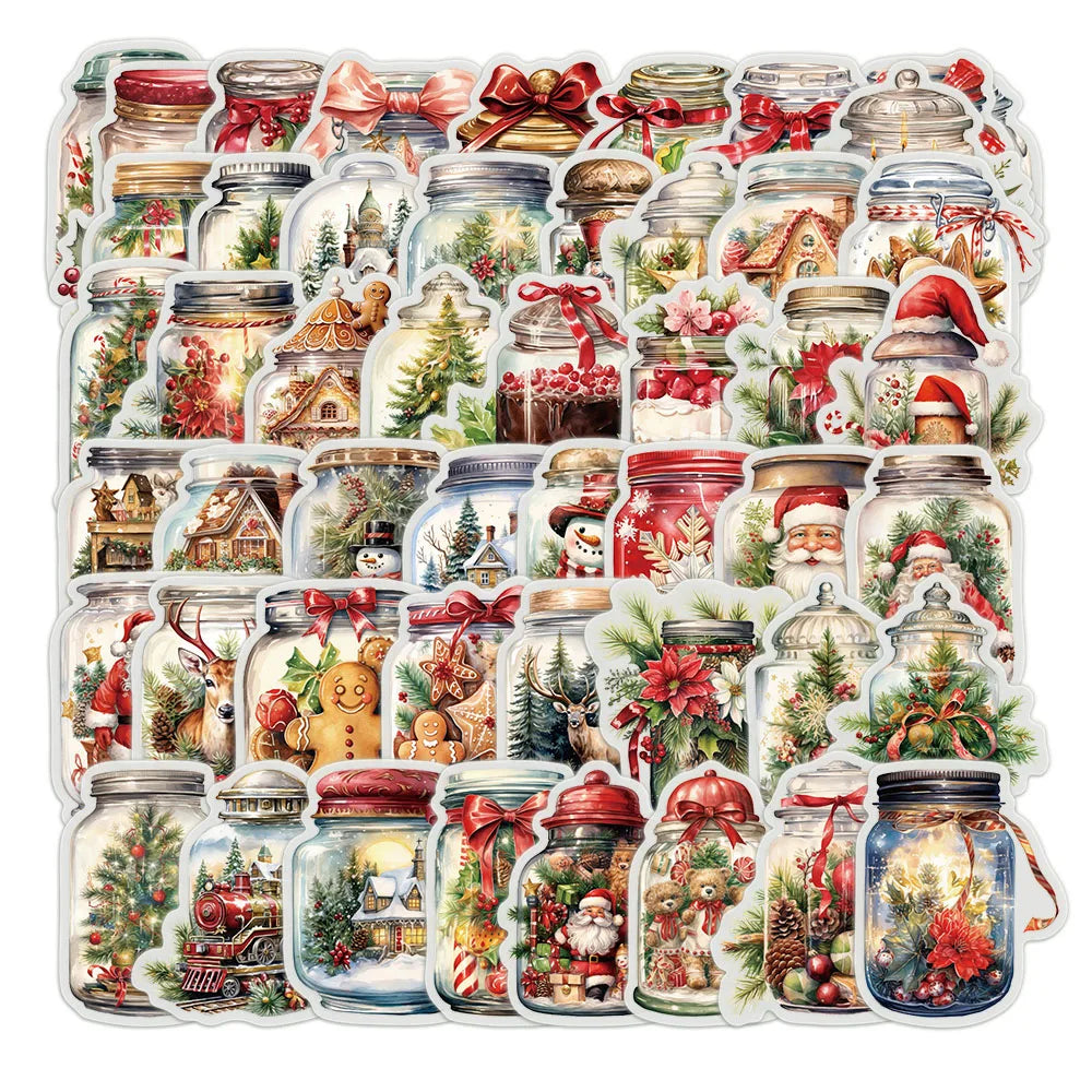 50PCS Transparent Cartoon Christmas Bottle Gift Decorative Stickers DIY Handmade Album Fixed Phone Laptop Sticker Toys