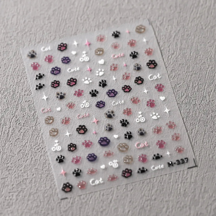 Nail Stickers Cat Cute Jelly Pink Cat Paw Cartoon 5D Embossed Relief Self Adhesive Nail Art Sticker 3D Manicure Decals DIY Parts