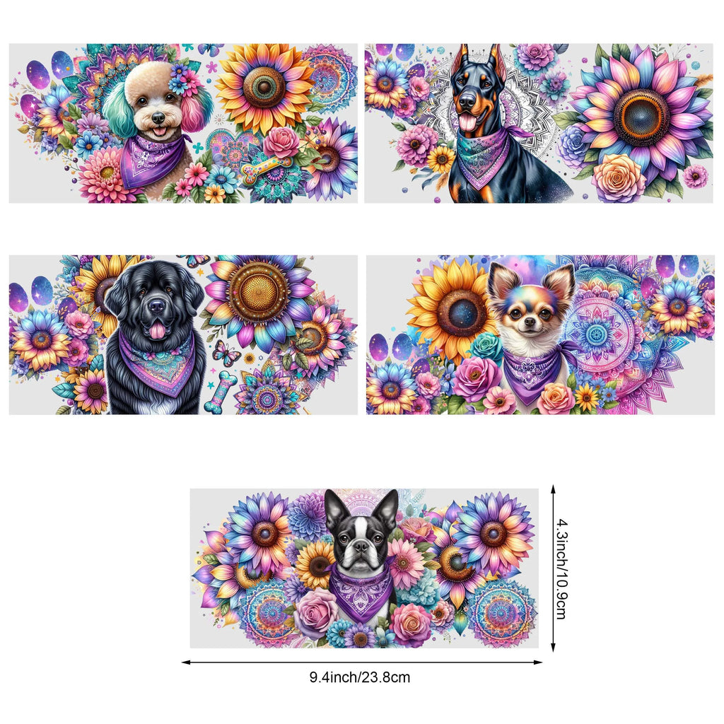 5 Sheets Sunflower Dog UV DTF Cup Stickers, Glass Cup DTF Transfer Stickers, Waterproof Funny Dog Wipeable Transfer Paper