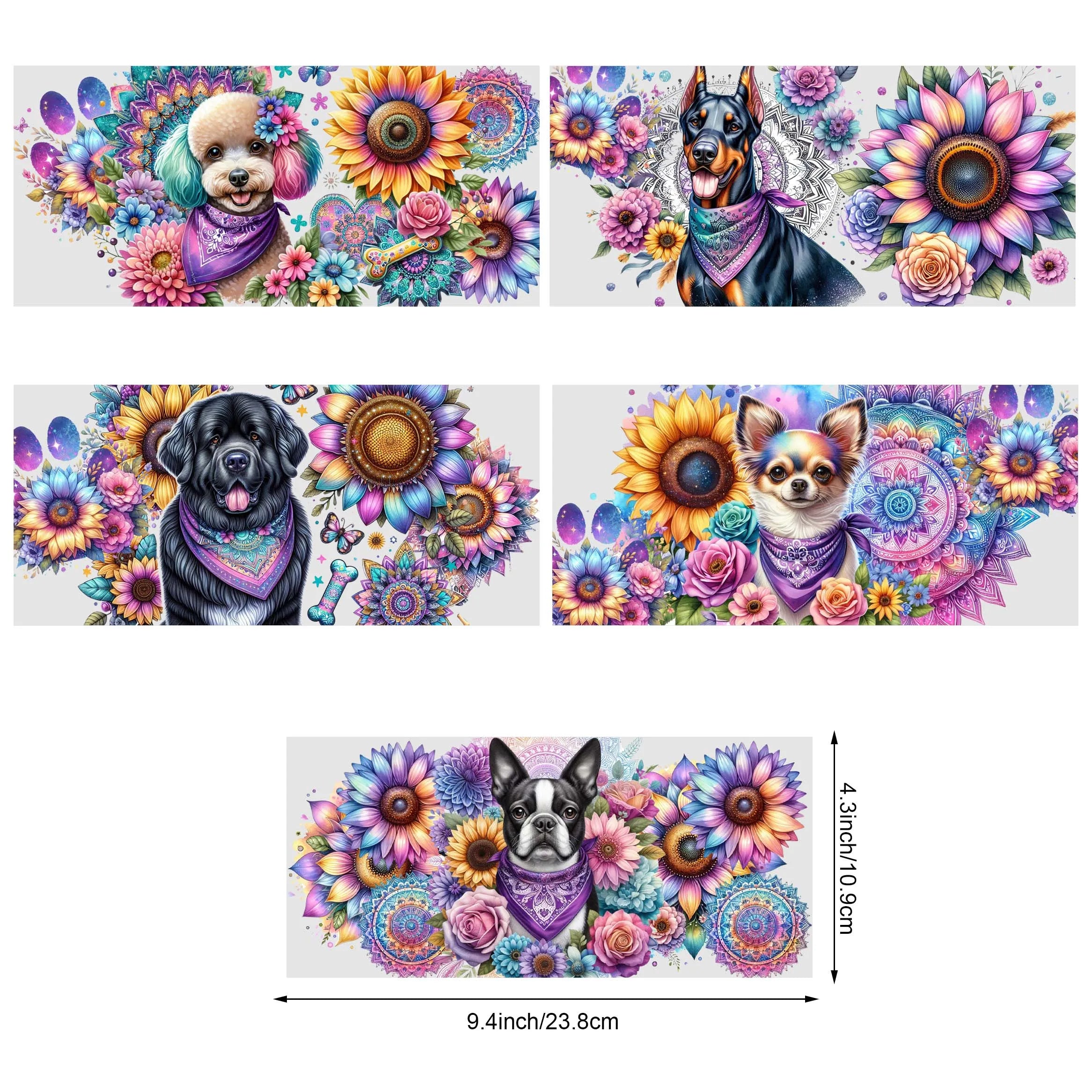 5 Sheets Sunflower Dog UV DTF Cup Stickers, Glass Cup DTF Transfer Stickers, Waterproof Funny Dog Wipeable Transfer Paper