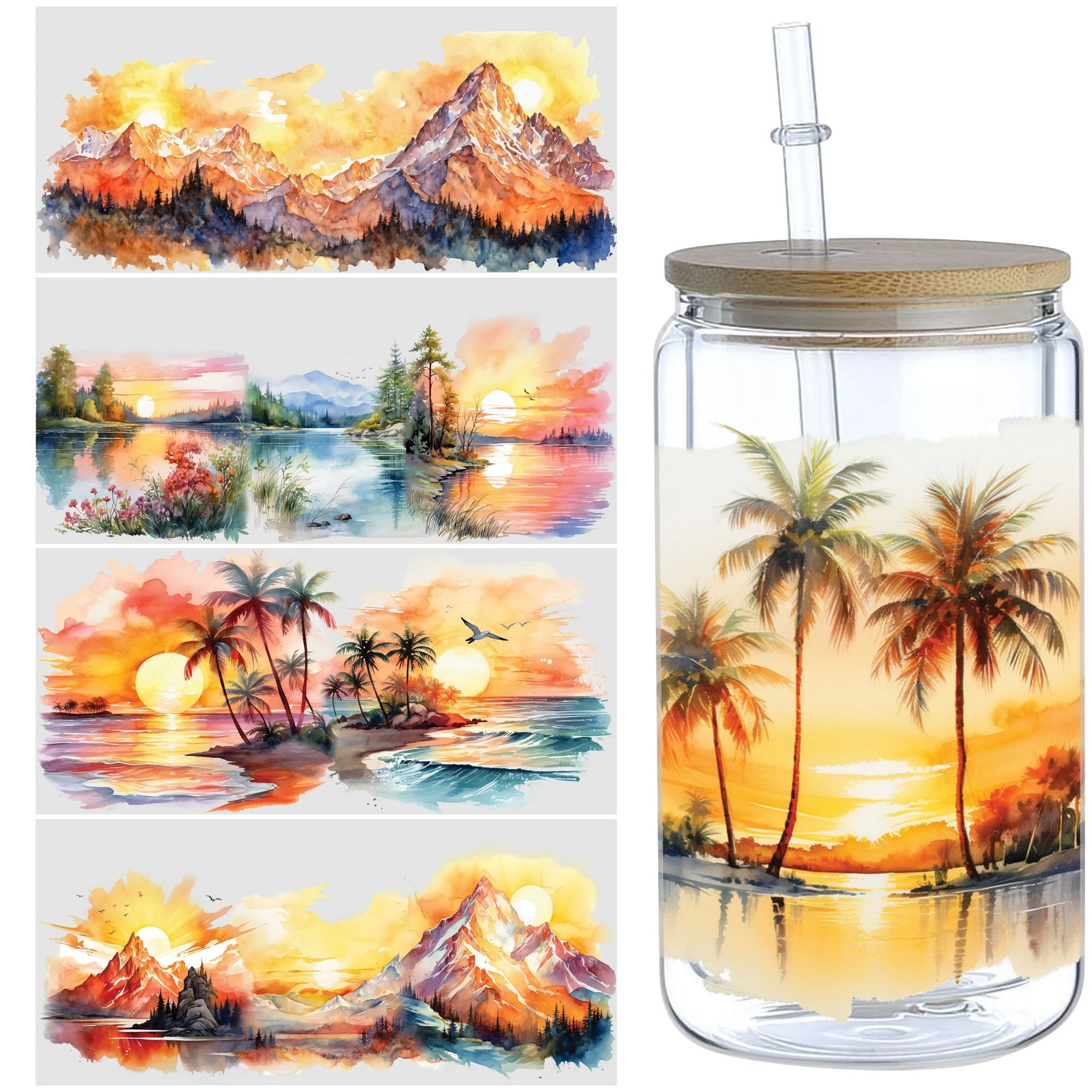 5 Sheets Sunset UV DTF Cup Stickers, DTF Transfer Stickers, Waterproof Beach Wipe-Off Transfer Paper for 16oz Glass, Mugs, Craft