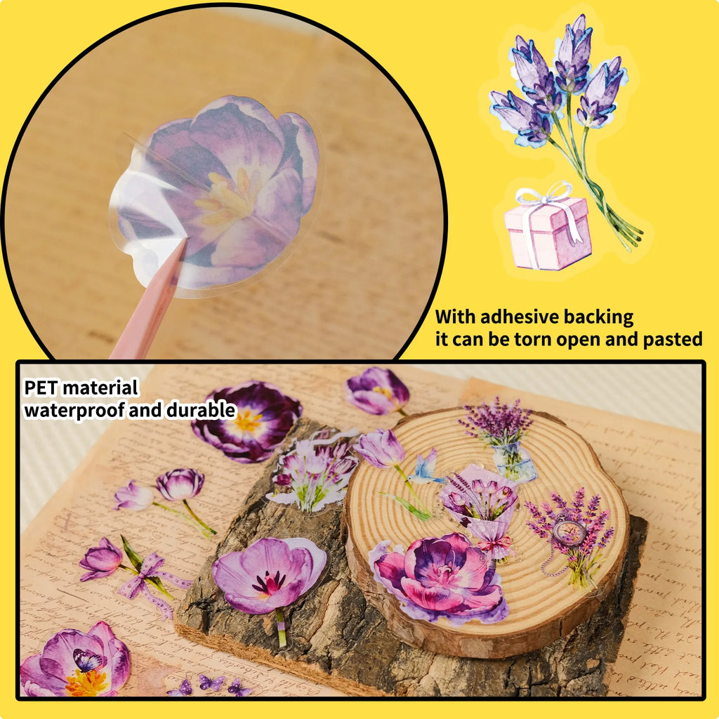 56Pcs Pack Purple Tulip PET Stickers Flower Aesthetic Decals for School Supplies Stationery Notebook Gift Box Fridge Luggage