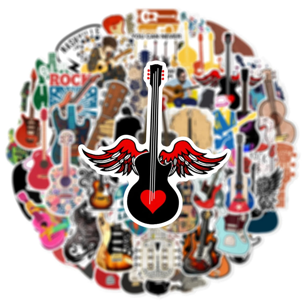 50/100 Pcs Reusable Trendy Guitar Instrument Doodle Stickers for DIY Notebook Scooter Guitar Piano Helmet Car Suitcase Decals