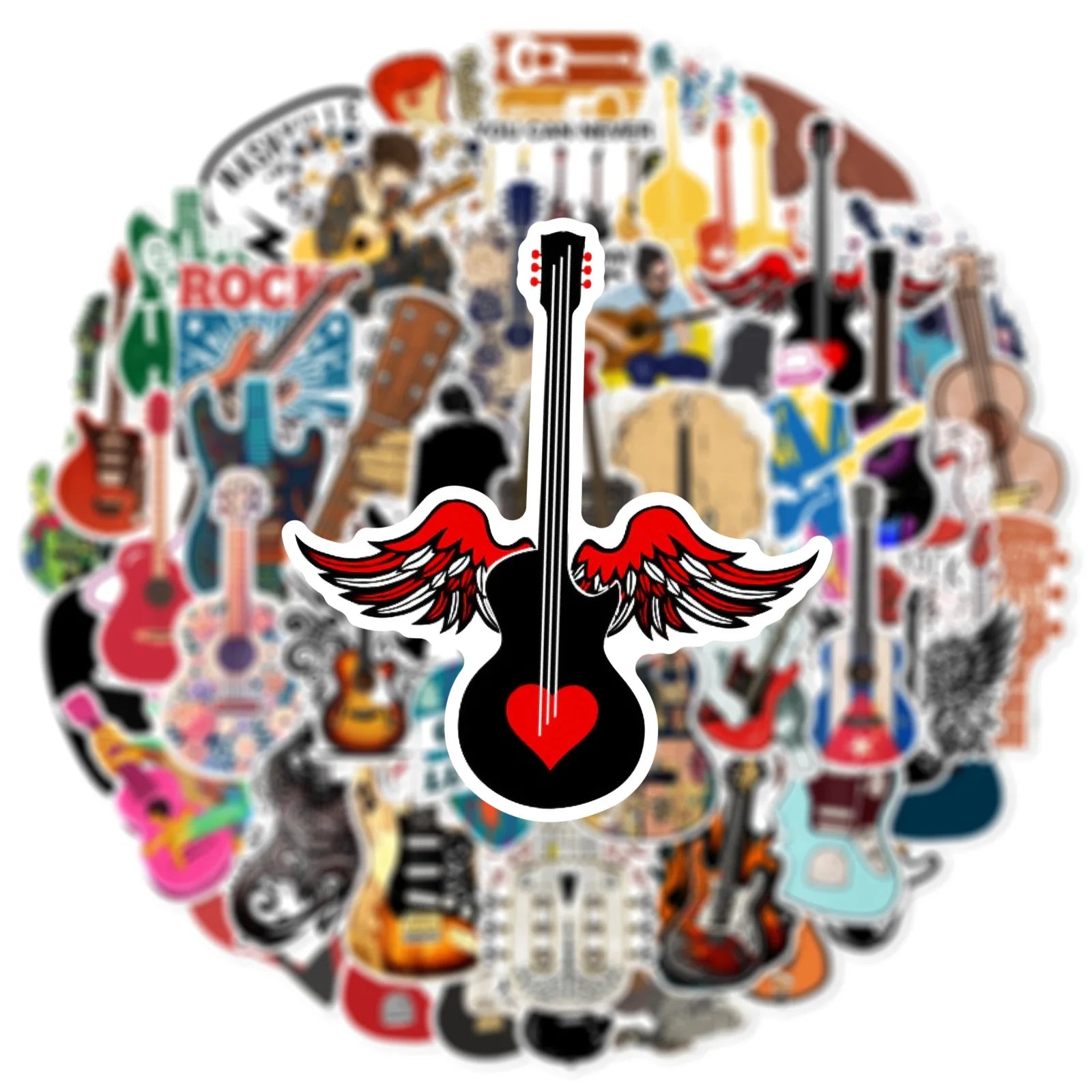 50/100 Pcs Reusable Trendy Guitar Instrument Doodle Stickers for DIY Notebook Scooter Guitar Piano Helmet Car Suitcase Decals
