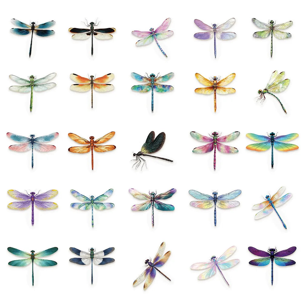 50 Pcs Cartoon Colorful Dragonfly Stickers PET Material Decorative Luggage, Refrigerator, iPad Water Cup Waterproof Stickers