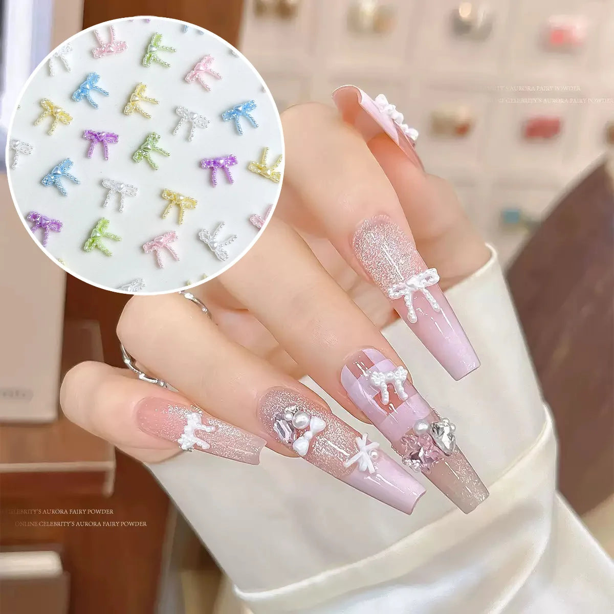 20pcs Mini Nail Charms Trendy Bow and Pearl Love Heart Nail Art Accessories Multi Colors Ribbon Bow ties Resin Nails Decoration