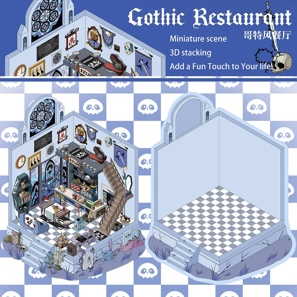 3PCS Gothic Restaurant Landscaping Miniature Scene Sticker Bicycle Graffiti Casual Scrapbook Personalized Cafe Decoration Sticke