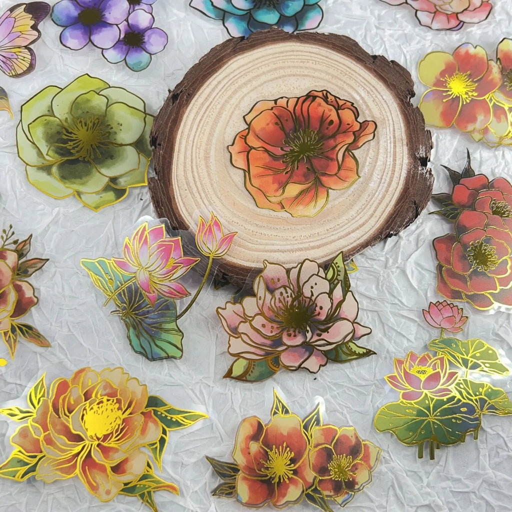 50/100PCS Hot Stamping Elegant Floral Stickers Waterproof Transparent PET Decorative Guitar Stationery Helmet Stickers