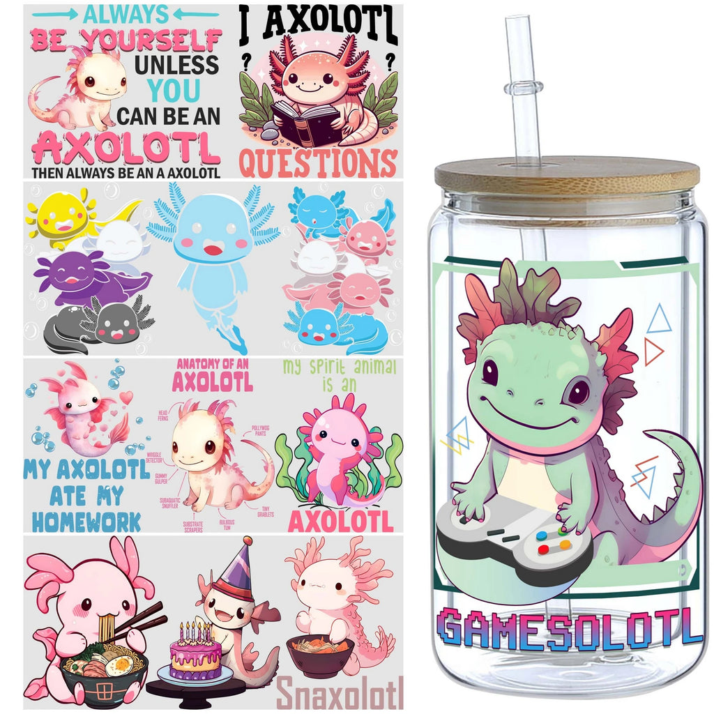 5 Sheets Salamander UV DTF Cup Sleeve 16oz, Funny Salamander DTF Cup Sleeve Transfer Glass, Water Bottle Waterproof Decal
