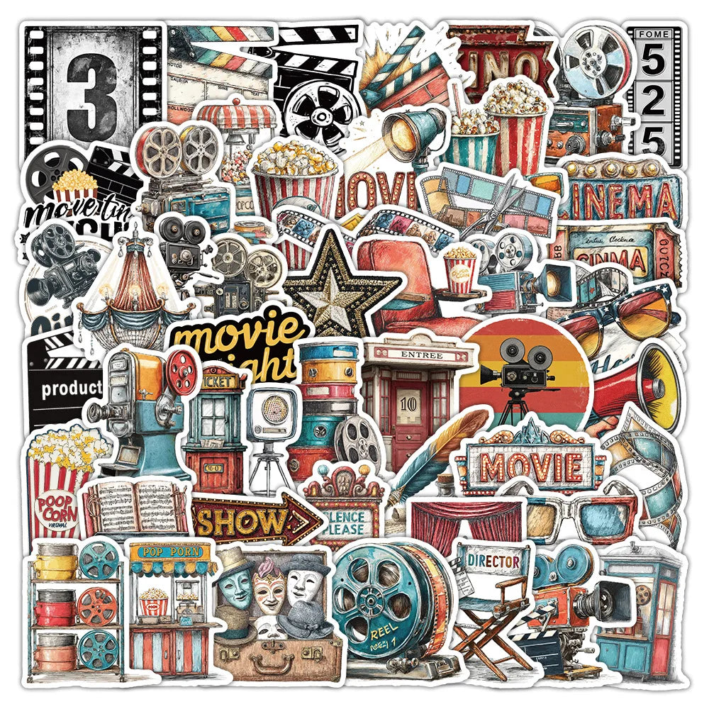 50/100 Pcs Retro Cinema Art Theme Stickers for Storage Box Phone Fridge Album Helmet Car Cup Removable No Trace Decals