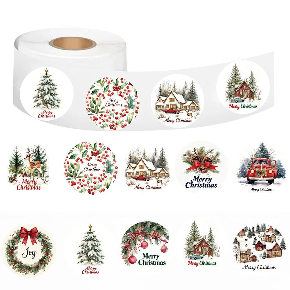 500Pcs/roll Merry Christmas Stickers Cartoon Laptop Phone Cafe Luggage Bicycle Cartoon Words Streetwear Waterproof Sticker
