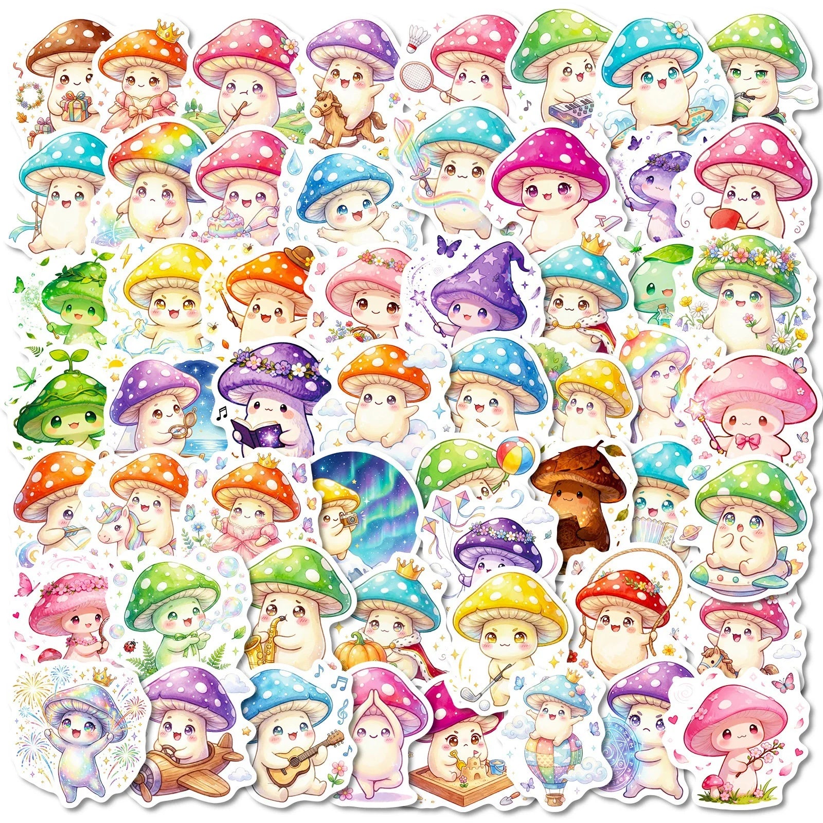 56-Pack Cute Mushroom Children's Stickers Waterproof Decals for Notebook Luggage Fridge Helmet Guitar Student Supplies Decor