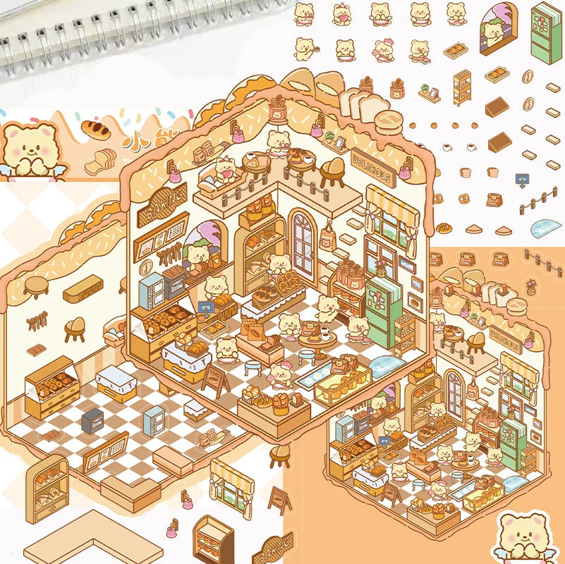 3D Cartoon Landscape Stickers Bear Bakery Miniature World 3D Small House Decompression DIY Scene Hand Account Stickers