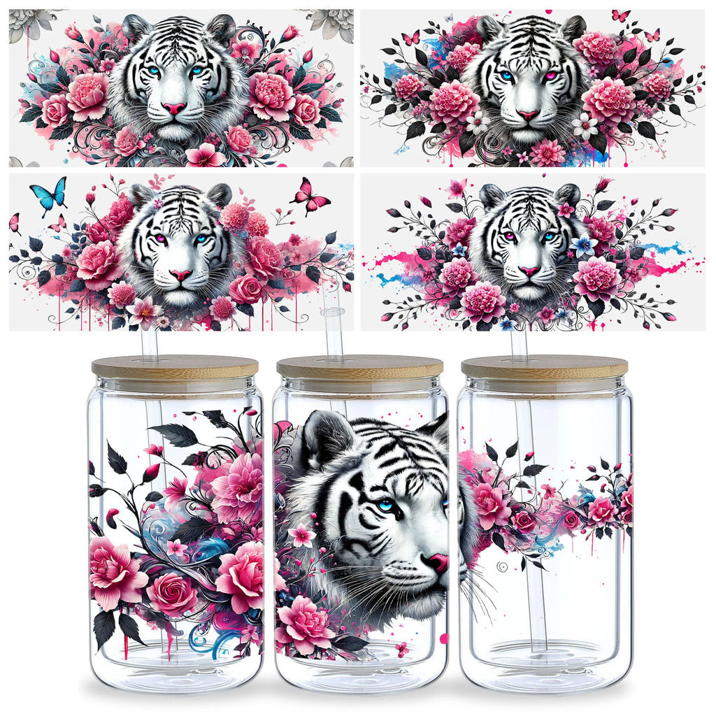5 sheets Tiger UV DTF Cup Stickers, Glass Cup DTF Transfer Stickers, Waterproof Cartoon Wipeable Transfer Paper