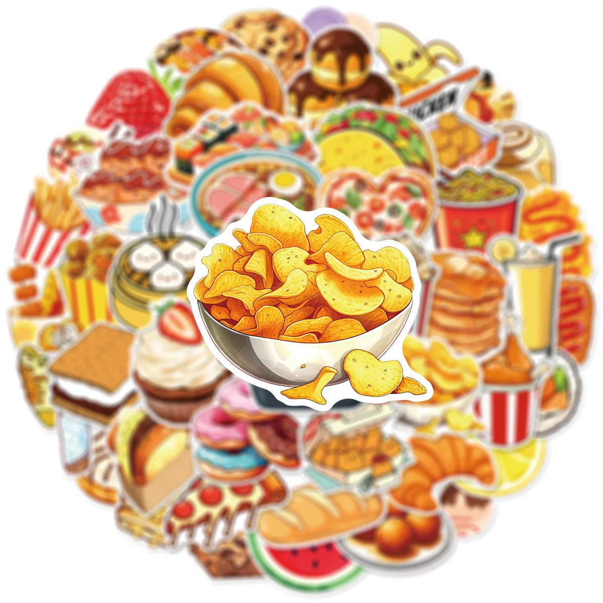 50-Pack Cartoon Food Drink Snack Doodle Stickers Waterproof Children's Stationery Notebook Skateboard Stickers