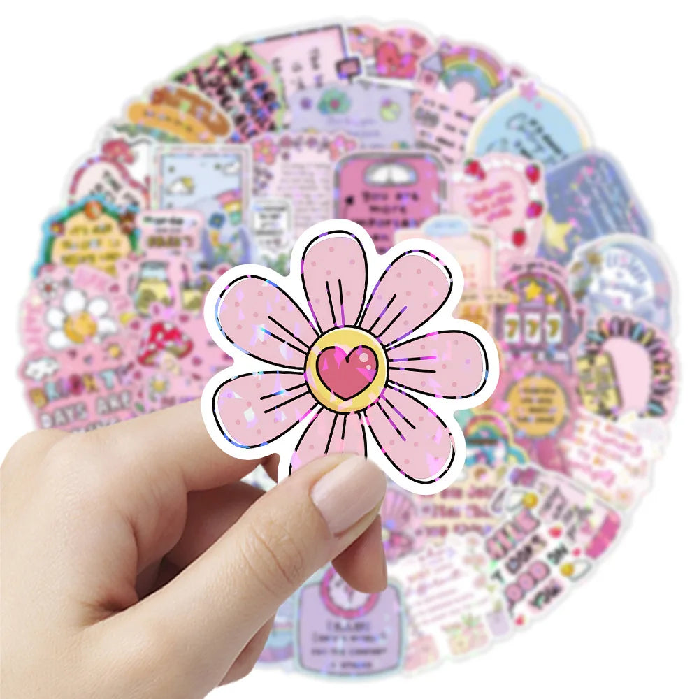 100/200PCS Cute Text Quotes Aesthetic Laser Stickers Notebook Water Cup Desktop Computer Decoration Reward Stickers