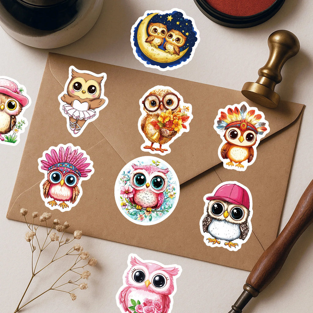 56/112 Pcs Pink Big Eye Owl Cute Doodle Stickers DIY for Scrapbook Notebook Stationery Box Phone Lunch Box Reward Decals