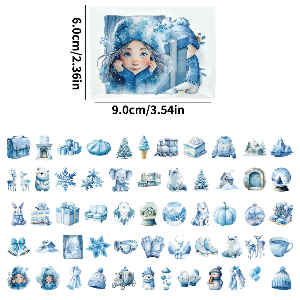 56PCS Blue Winter Miracle Transparent PET Stickers Snowman Gloves Crystal Balls Mixed Coating Stationery Crow Sticker