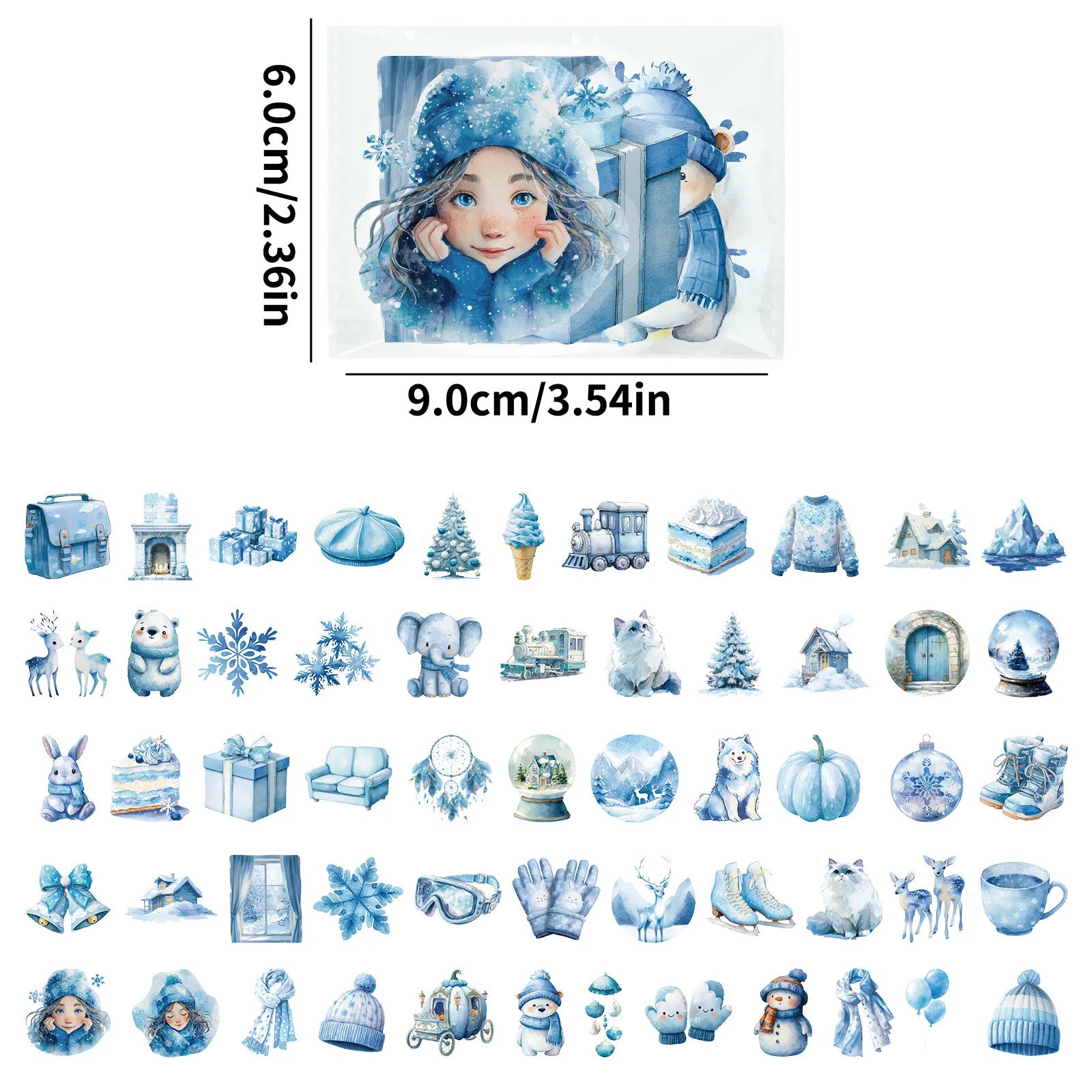 56PCS Blue Winter Miracle Transparent PET Stickers Snowman Gloves Crystal Balls Mixed Coating Stationery Crow Sticker