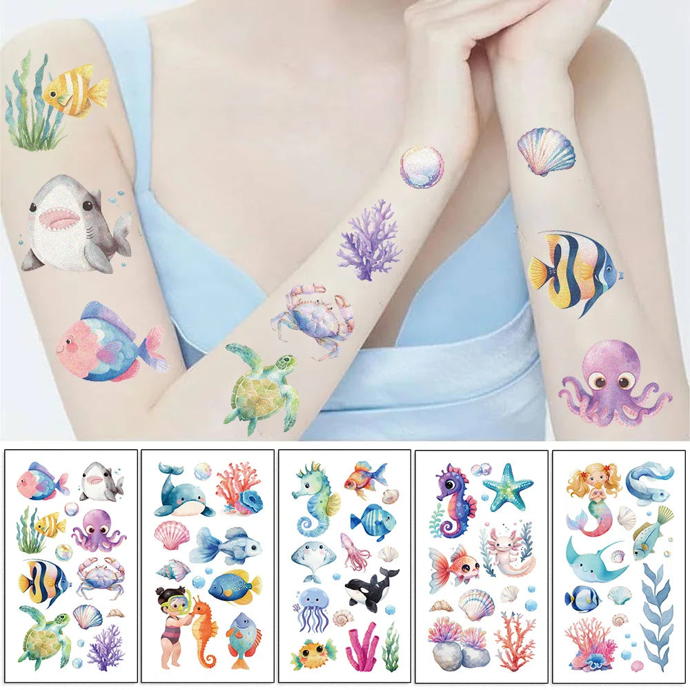 10 Sheets Sea Animals Tattoo Sticker Temporary Fake Tattoo Arm Hands Body Stickers