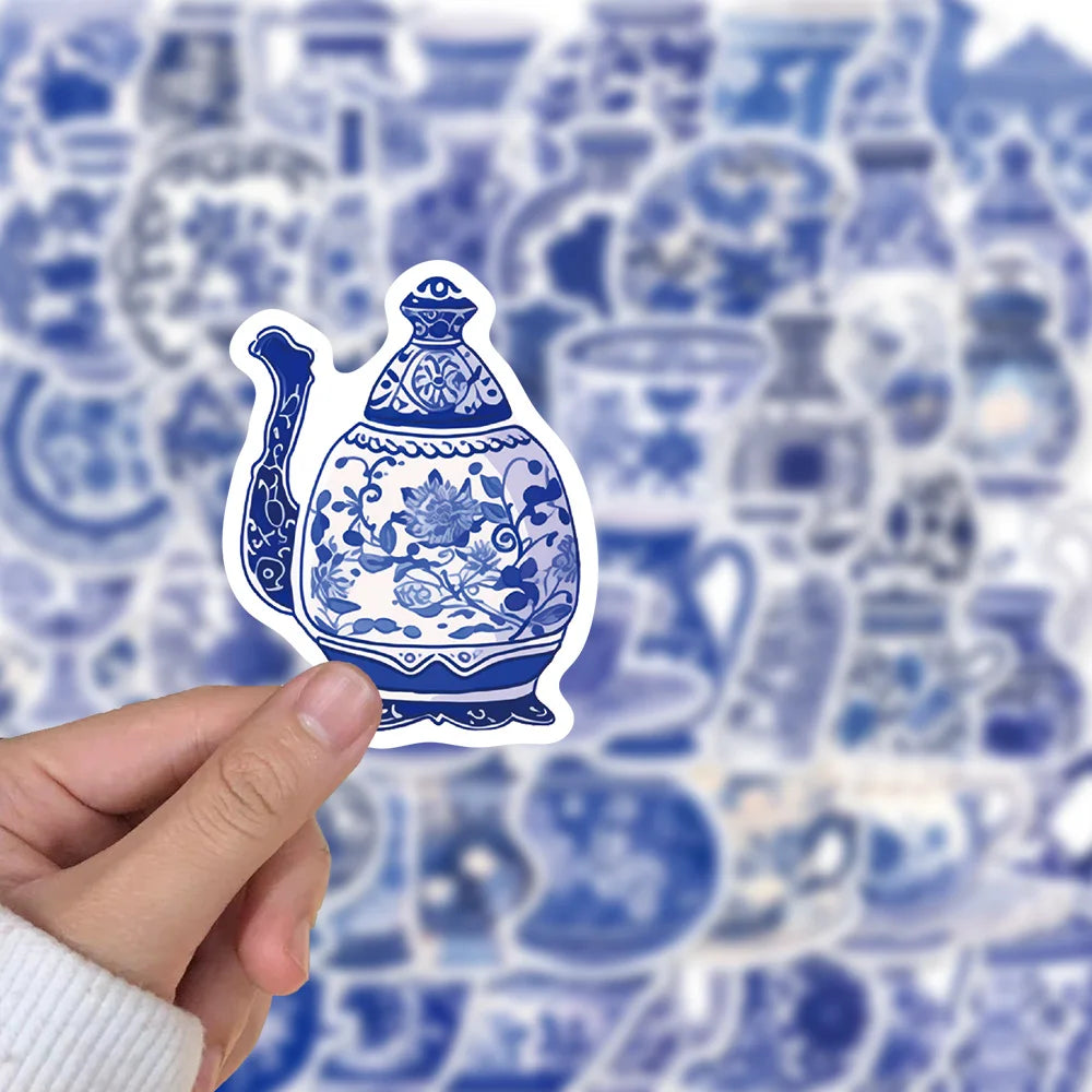 50PCS Blue And White Porcelain Chinese Style Stickers Notebook Cartoon Laptop Graffiti Luggage Classic Phone Skateboard Sticker