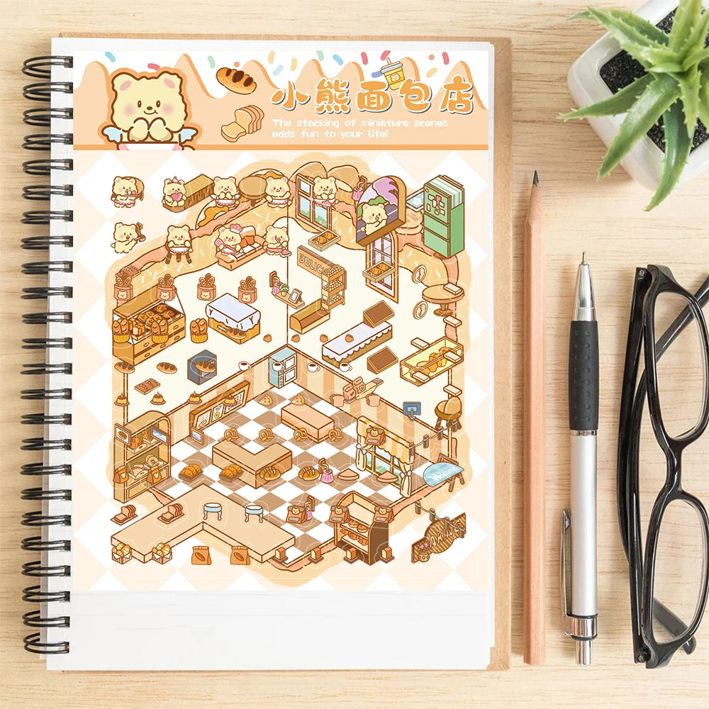 2PCS 3D Cute Landscaping Stickers Little Bear Bakery Print Laptop Skateboard Stationery Art Picture Living Room Gift Skateboard