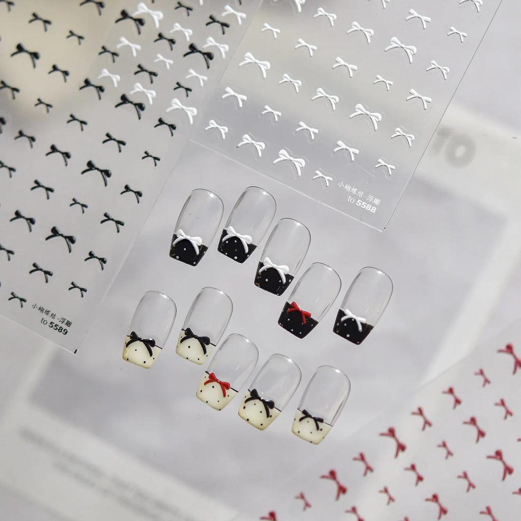Exqusitive Mini Bows Nail Stickers 5D Reliefs Nail Art Stickers White Black Red Bowtie Nail 3D Decorations Adhesive Decals DIY
