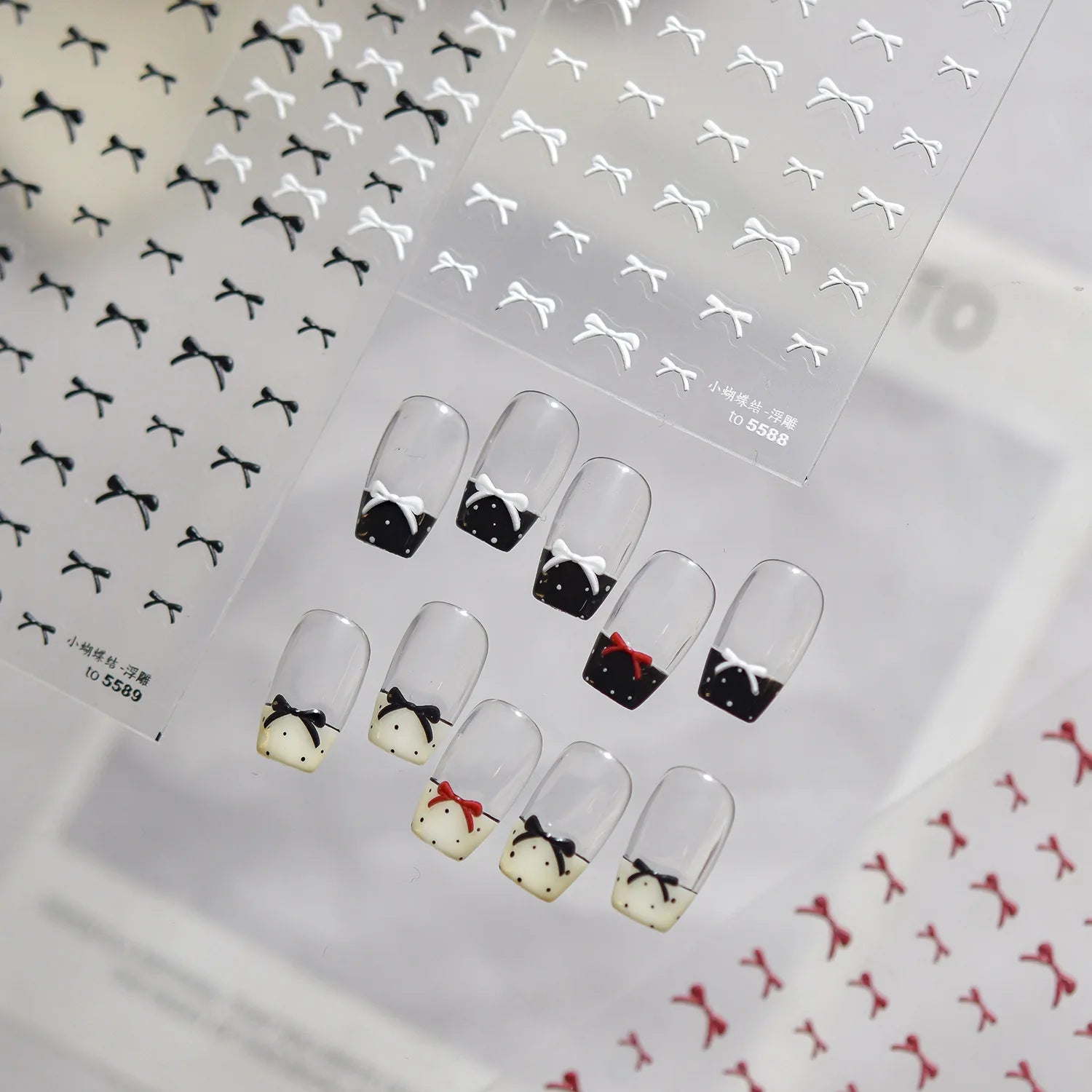 Exqusitive Mini Bows Nail Stickers 5D Reliefs Nail Art Stickers White Black Red Bowtie Nail 3D Decorations Adhesive Decals DIY