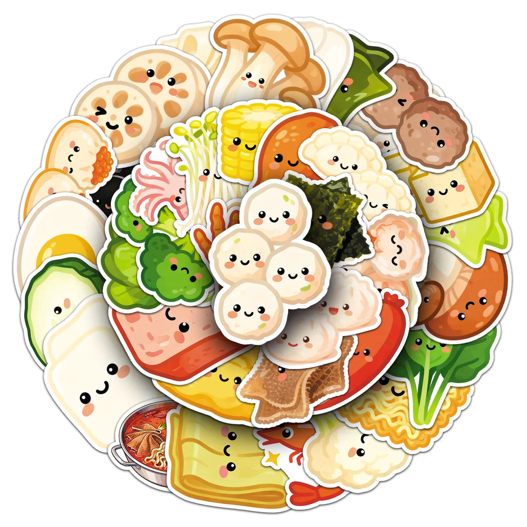 50Pcs Cartoon Hot Pot Ingredients Stickers, Cute Veggie Food Doodle Decals for Notebook Phone Cup Fridge Kitchen DIY Decor