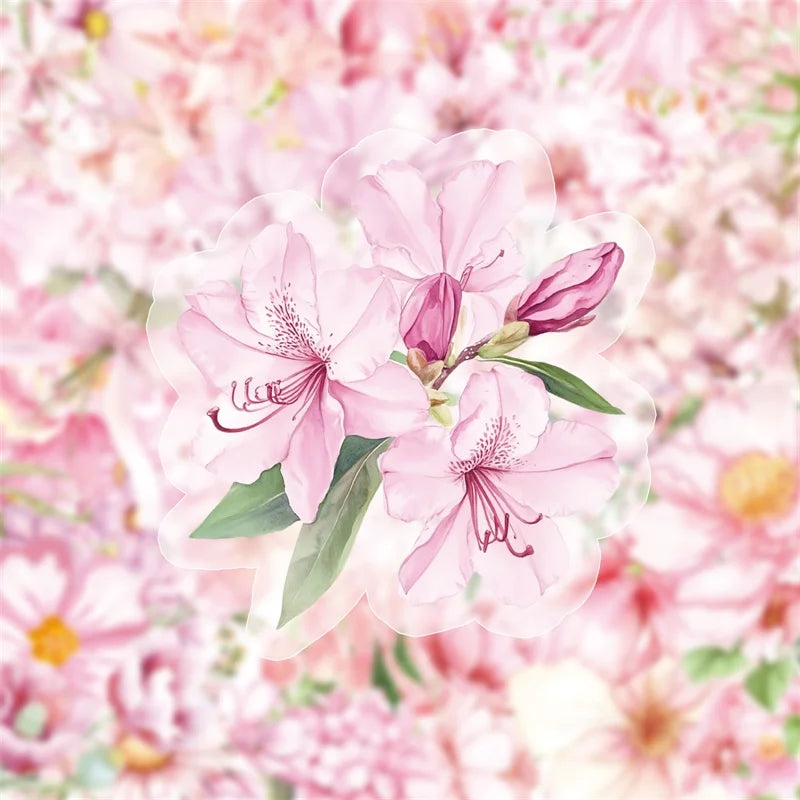 50PCS Cute Pink Flower PET Sticky Sticker Aesthetic Tear Open DIY Decoration Scrapbooking Stationery Supplies for Kids