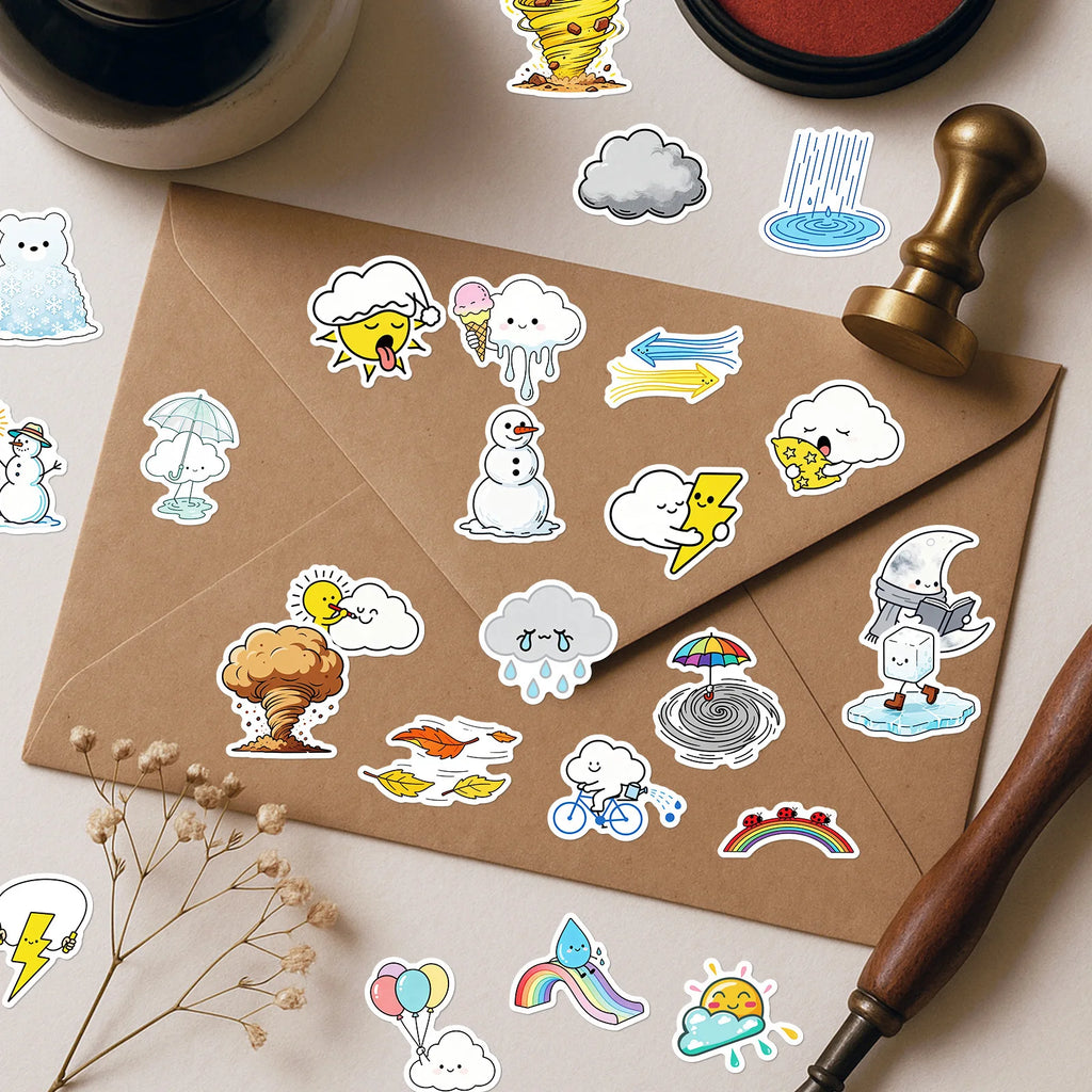 56/112 Pcs Weather Cartoon PET Transparent Fun Stickers for Stationery Box Suitcase Fridge Drawer Cup Phone Laptop