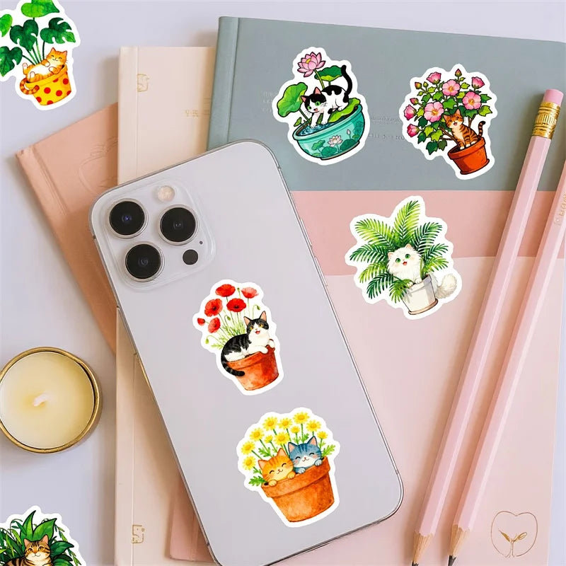 10/30/56PCS Fresh Flower Cat PVC Sticky Sticker Stationery DIY Children's Laptop Luggage Skateboard Decoration Scrapbooking