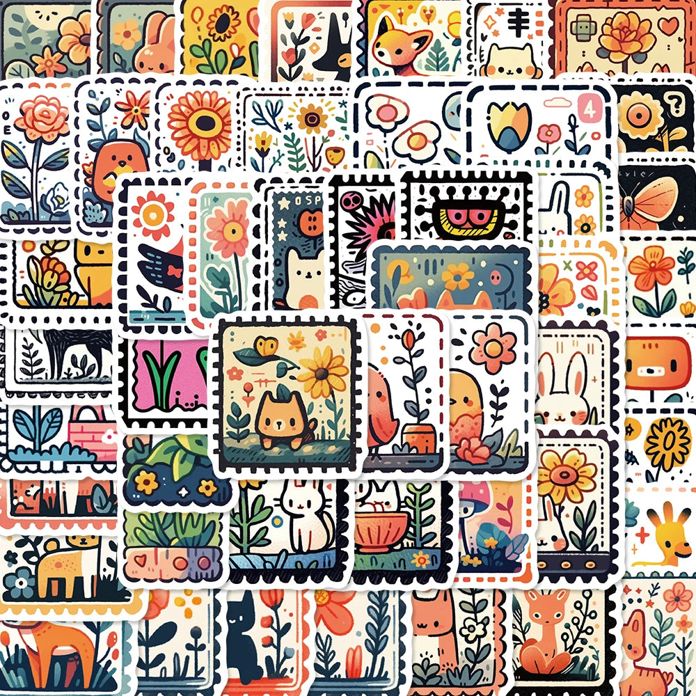 50PCS Creative Stamp Stickers Fashion Streetwear Laptop Phone FashionWaterproof Graffiti  Sunflower Scrapbook Desktop Sticker