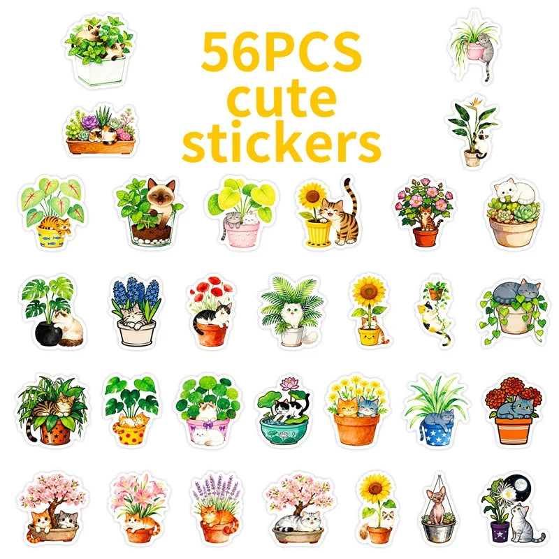 10/30/56PCS Fresh Flower Cat PVC Sticky Sticker Stationery DIY Children's Laptop Luggage Skateboard Decoration Scrapbooking